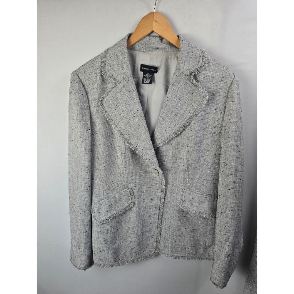 Sutton Studio Blazer Jacket Grey Black Fringed Trim Size 16 Professional Career